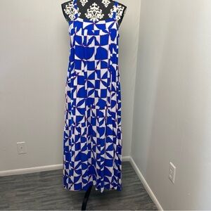 Blue and White Geometric Maxi Dress